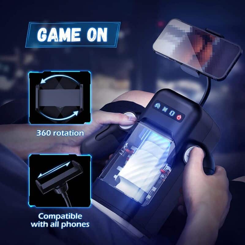 Masturbateur masculin Game Cup Pro avec vibrations, fonction chauffante et support pour smartphone - Couleur noire